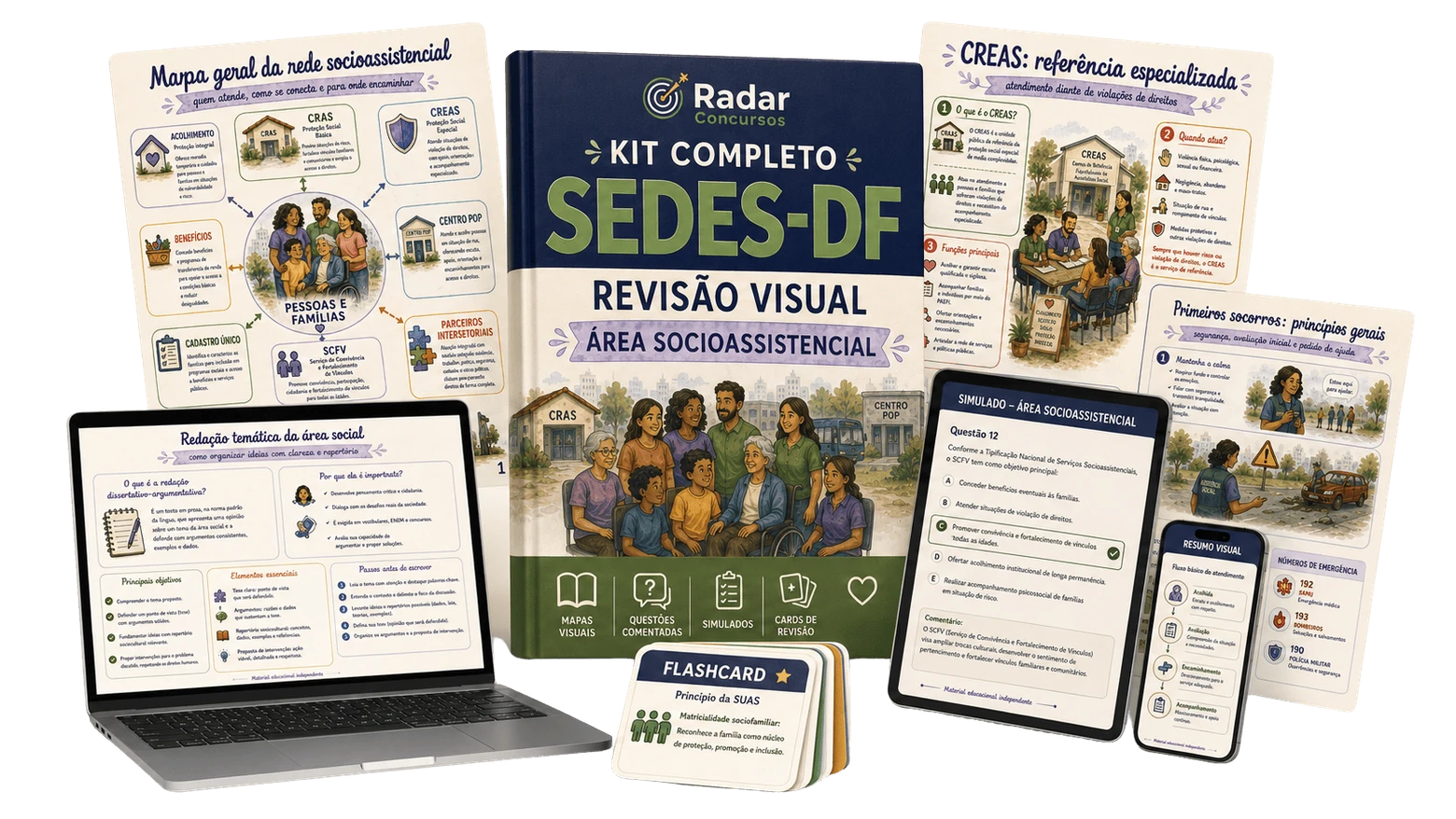 Mockup do Kit Visual SEDES-DF com guias, mapas, cards, redação e materiais socioassistenciais